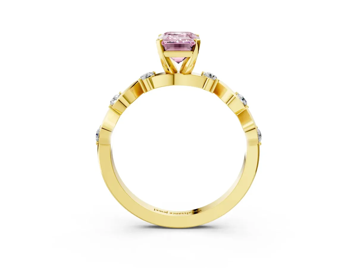 Fancy Pink Emerald Cut Diamond Solitaire Twisted Band with Round Accents and Prong Setting Yellow gold