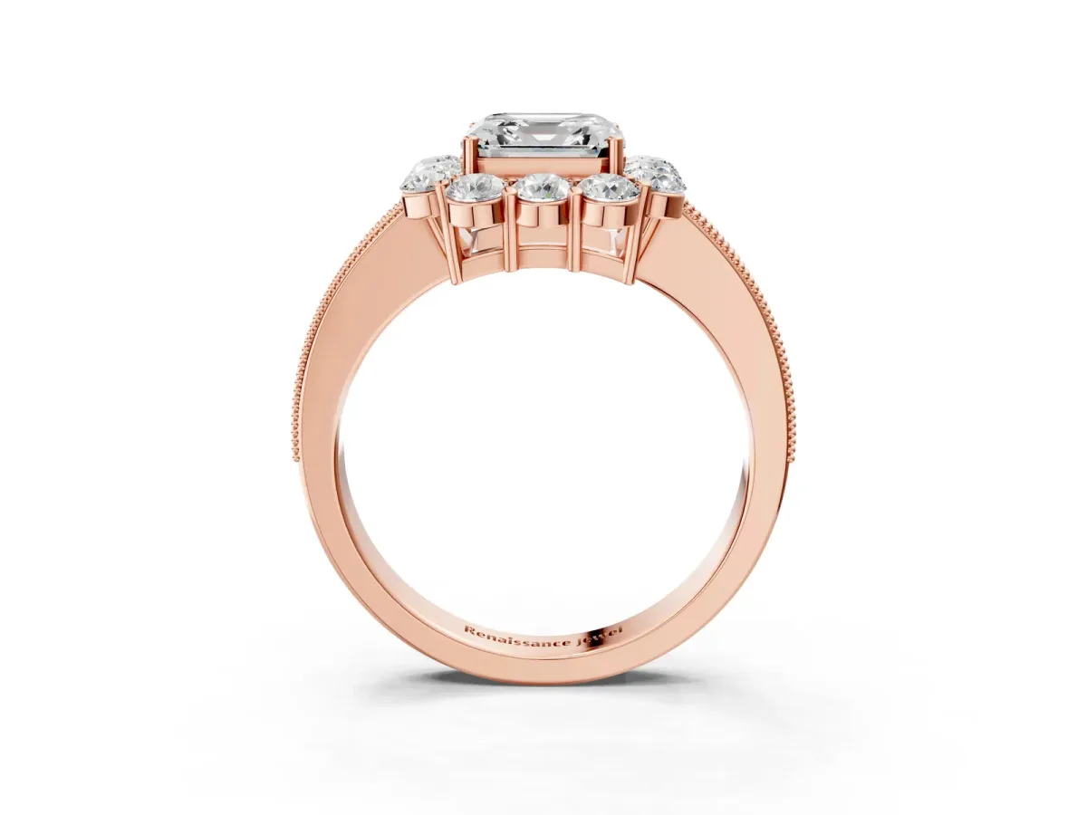 Asscher Cut Cut Halo Diamond Pavé Engagement Ring with Milgrain Detailing Rose gold