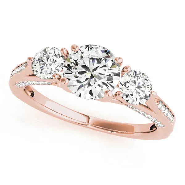 Round Cut Brilliant Three-Stone Engagement Ring with Split Shank and Prong Setting Rose gold