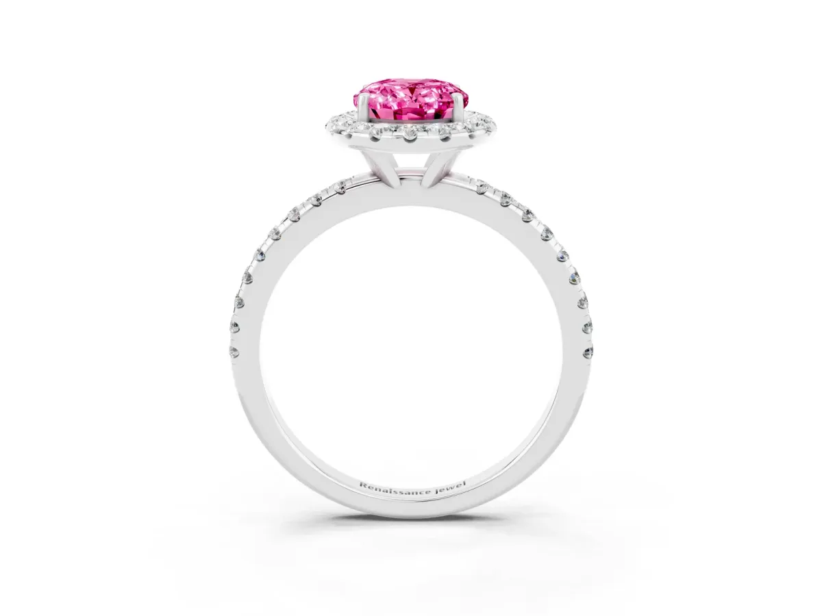 Oval Cut Pink Sapphire Halo Ring with Round Pavé Band and Prong Setting White gold