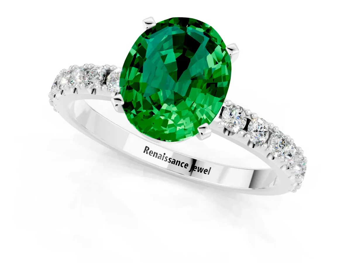 Oval Cut Emerald Solitaire Pavé Band with Four-Prong Setting Platinum