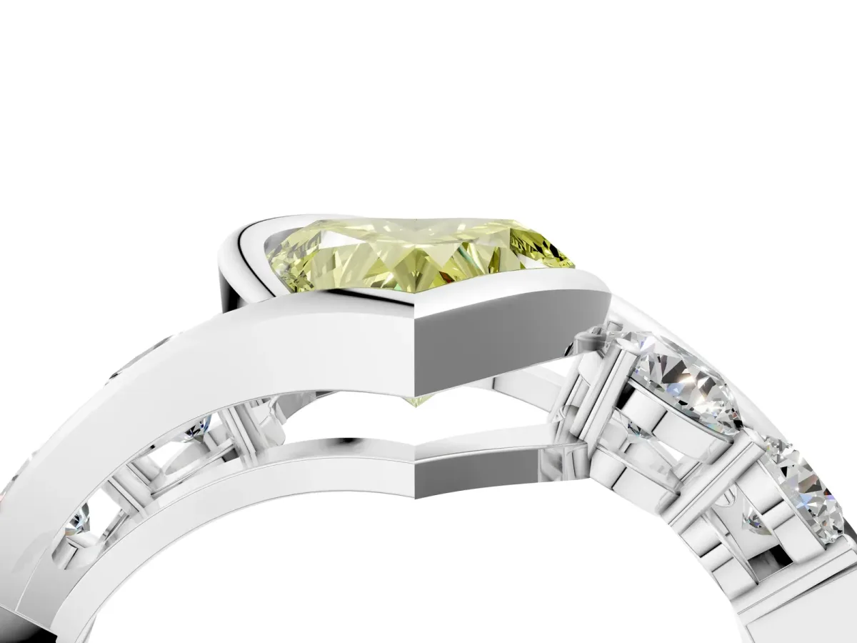 Fancy Yellow Bezel Set Heart Cut Diamond Bypass Ring with Round Accents Platinum