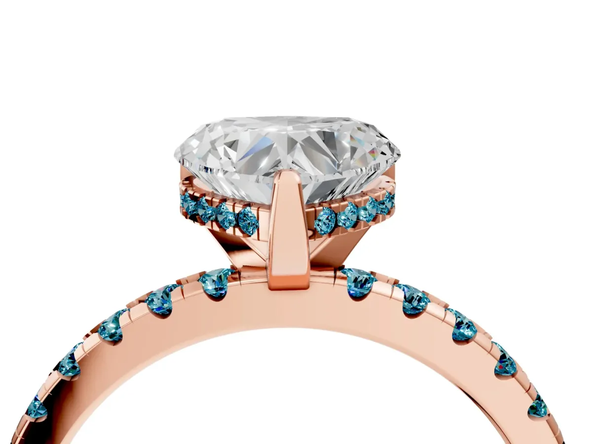 Heart Cut Diamond Solitaire Ring with Round Blue Topaz Pavé Band and Four-Prong Setting Rose gold