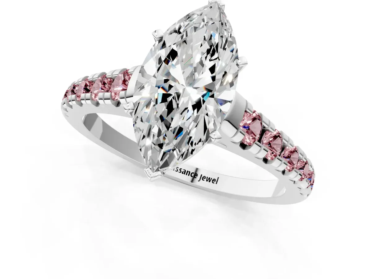 Marquise Cut Diamond Cathedral Solitaire Ring with Round Morganite Pavé Band Silver