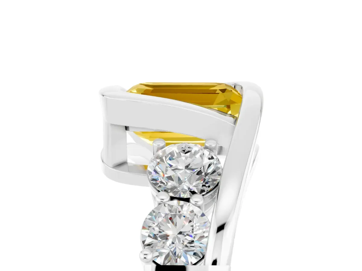 Bezel Set Emerald Cut Yellow Sapphire Bypass Ring with Round Accents Silver