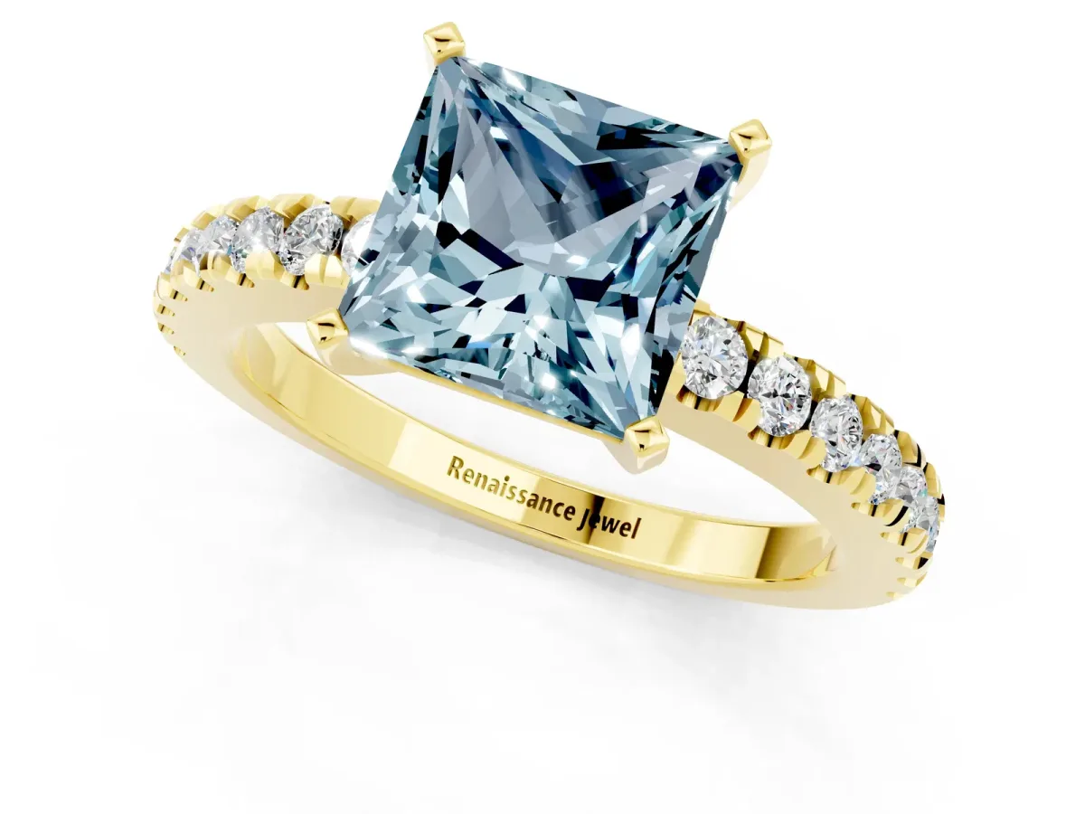 Princess Cut Solitaire Aquamarine with Pavé Band and Four-Prong Setting Yellow gold
