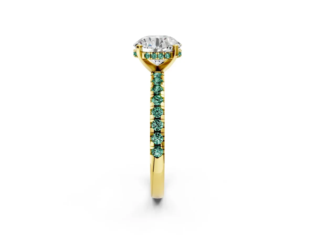 Round Cut Diamond Solitaire Ring with Round Green Sapphire Pavé Band and Four-Prong Setting Yellow gold