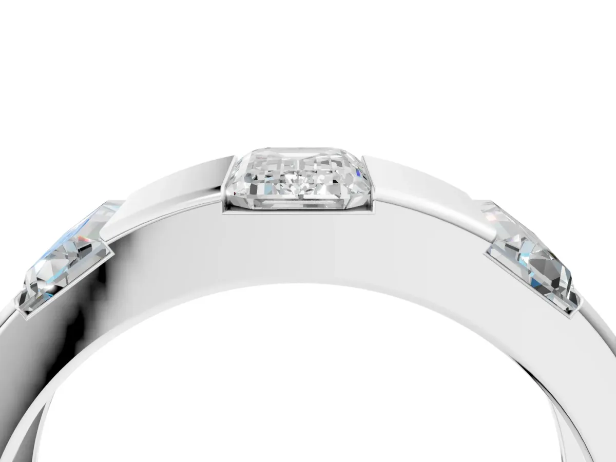 Emerald Cut Diamond Three-Stone Mens Ring with Baguette Side Stones White gold