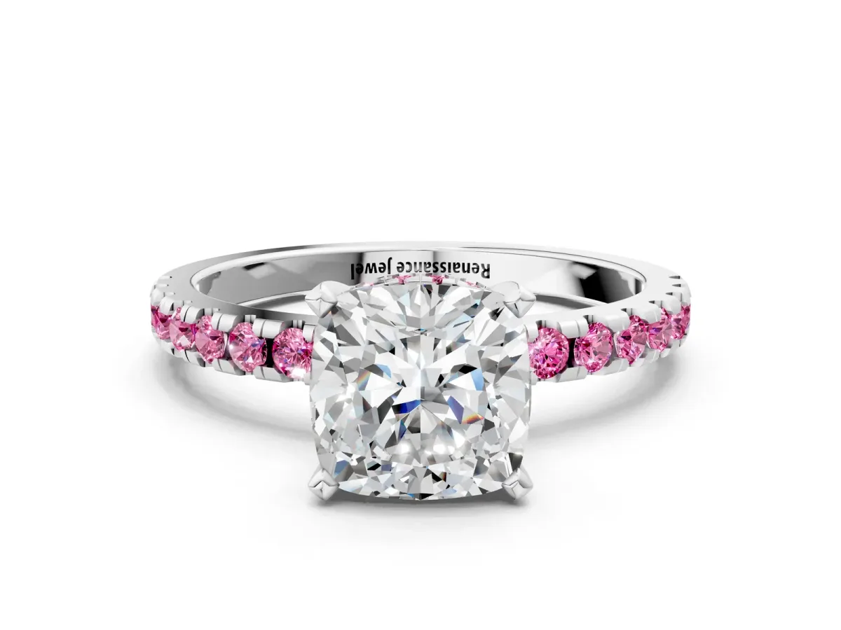 Cushion Cut Diamond Solitaire Ring with Round Pink Sapphire Pavé Band and Four-Prong Setting White gold