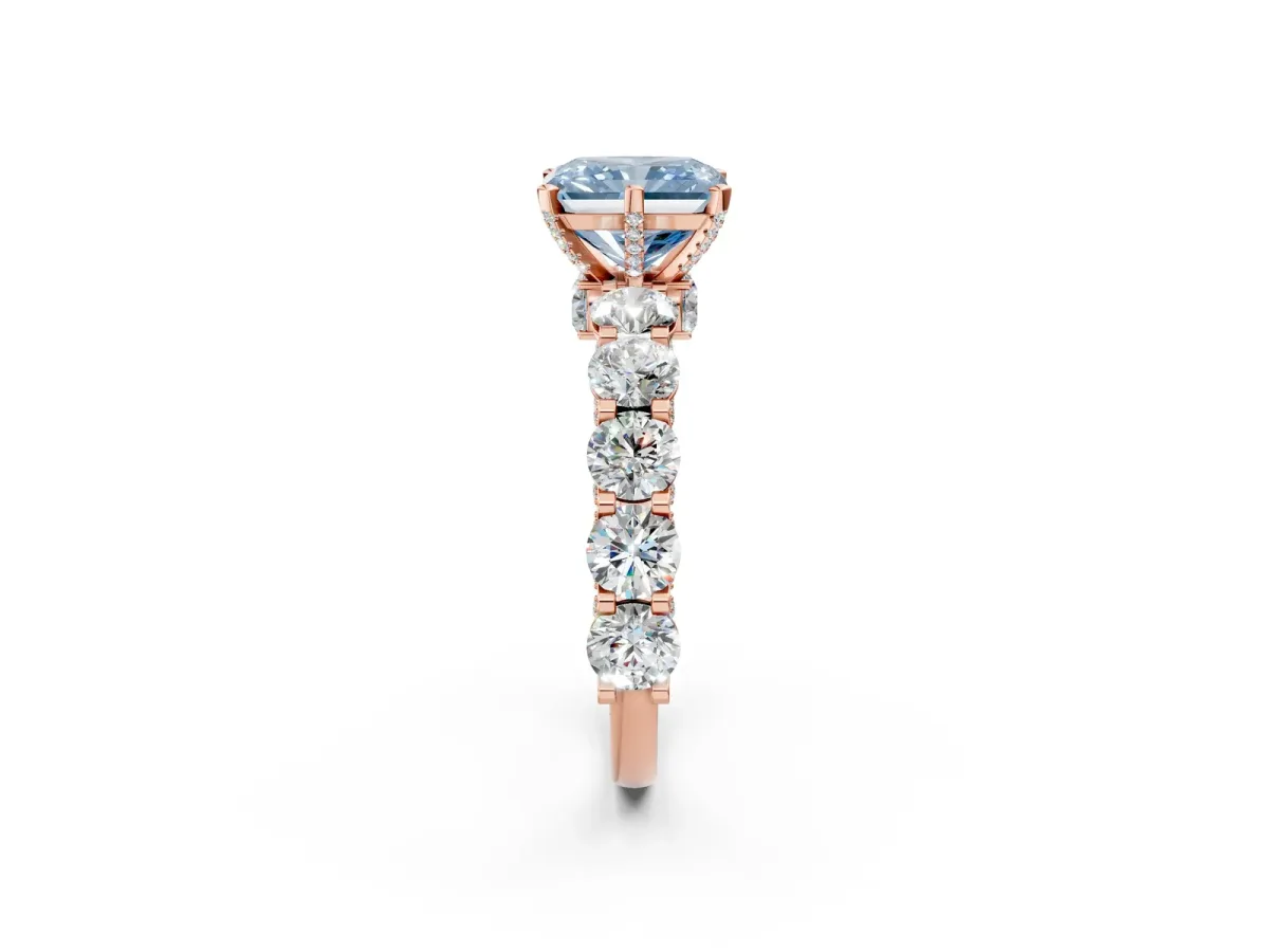 Fancy Blue Radiant Cut Diamond Side Stone Engagement Ring with Four-Prong Setting Rose gold