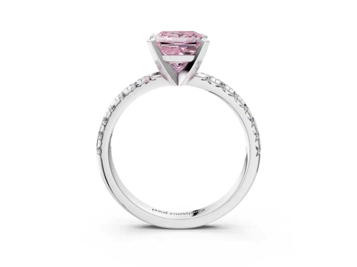 Fancy Pink Princess Cut Diamond Solitaire Pavé Engagement Ring with Round Band and Prong Setting White gold