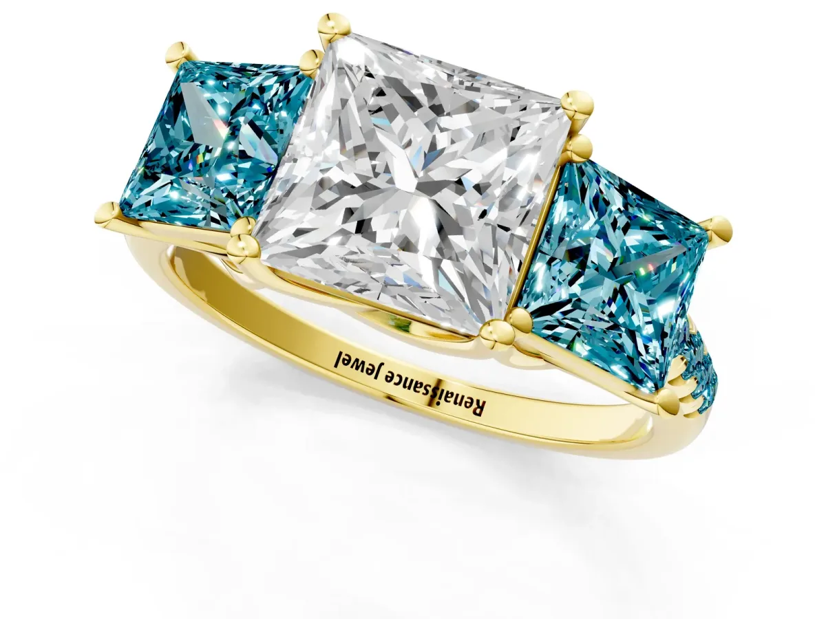 Three-Stone Princess Cut Diamond Ring with Round Blue Topaz Pavé Band and Prong Setting Yellow gold