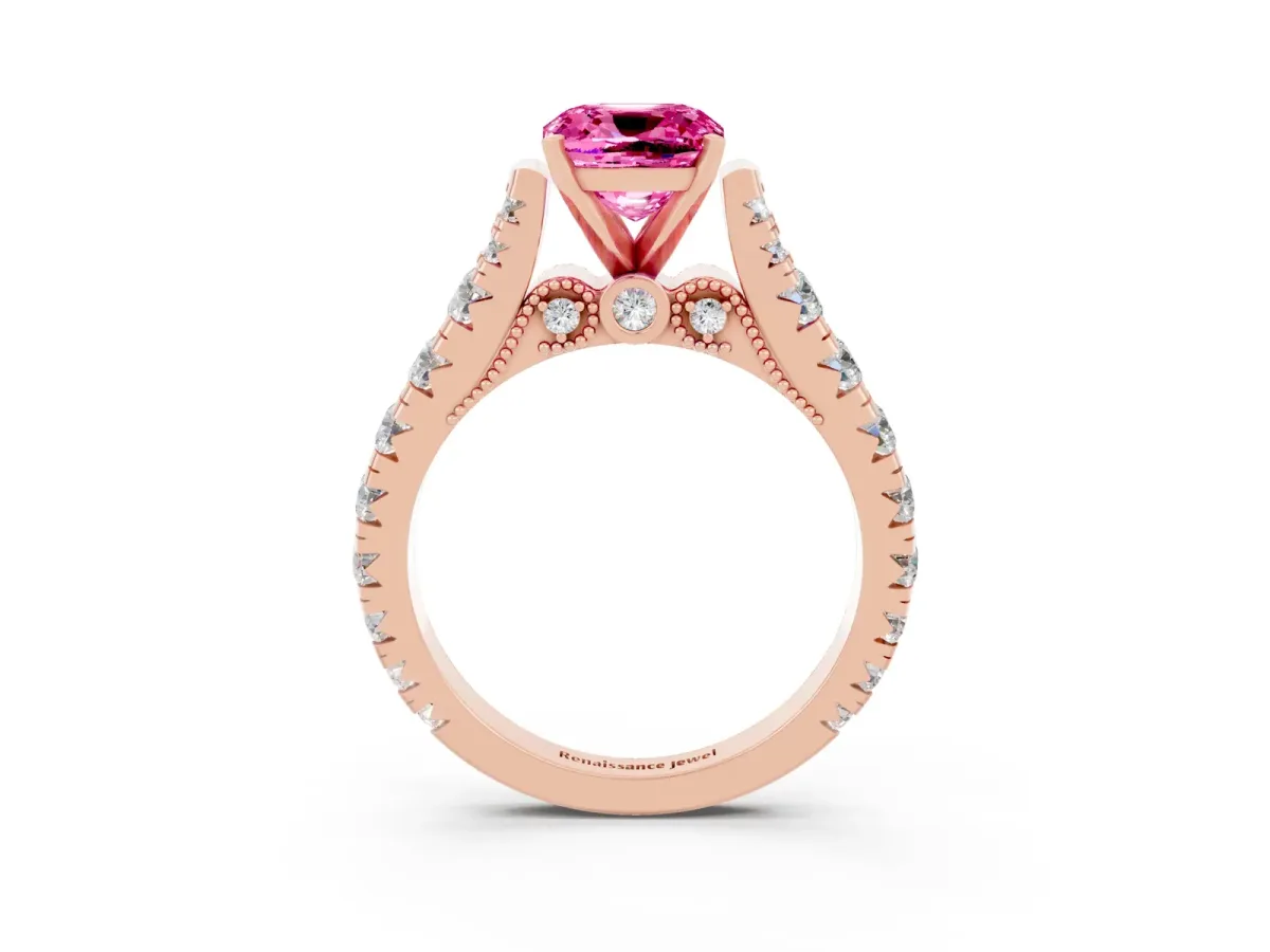 Cushion Cut Pink Sapphire Classic Solitaire Ring with Pavé Band and Four-Prong Setting Rose gold