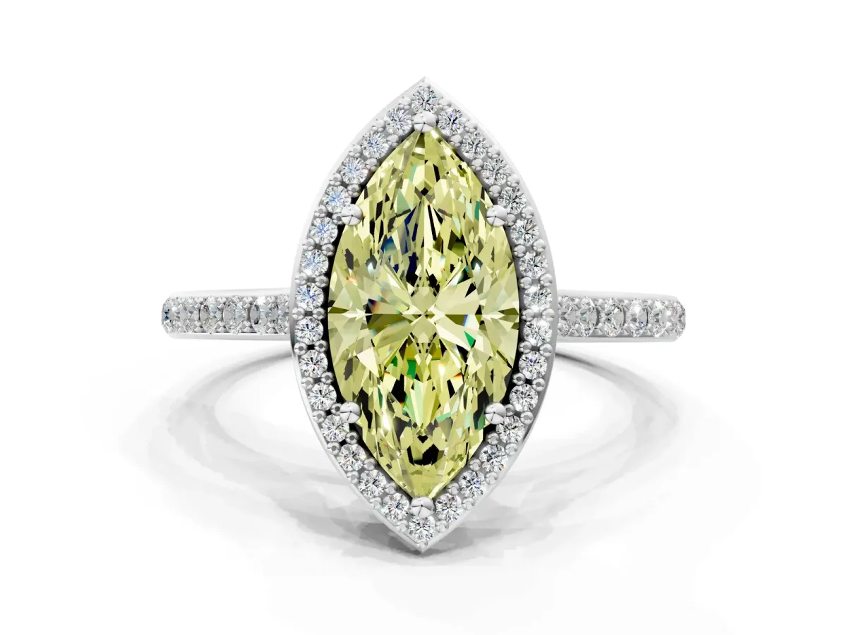 Fancy Yellow Marquise Cut Diamond Halo Engagement Ring with Round Pavé Shoulders and Prong Setting Platinum