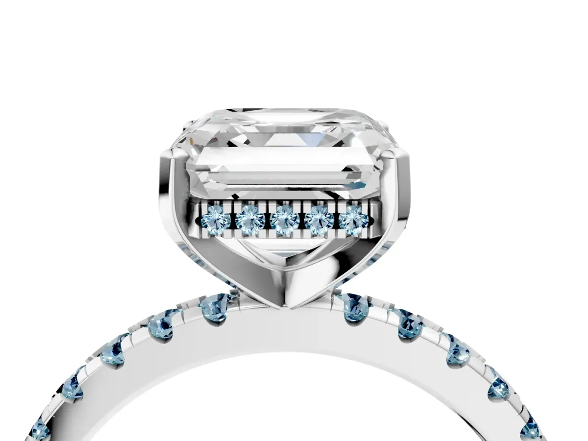 Asscher Cut Diamond Solitaire Ring with Round Aquamarine Pavé Band and Four-Prong Setting White gold
