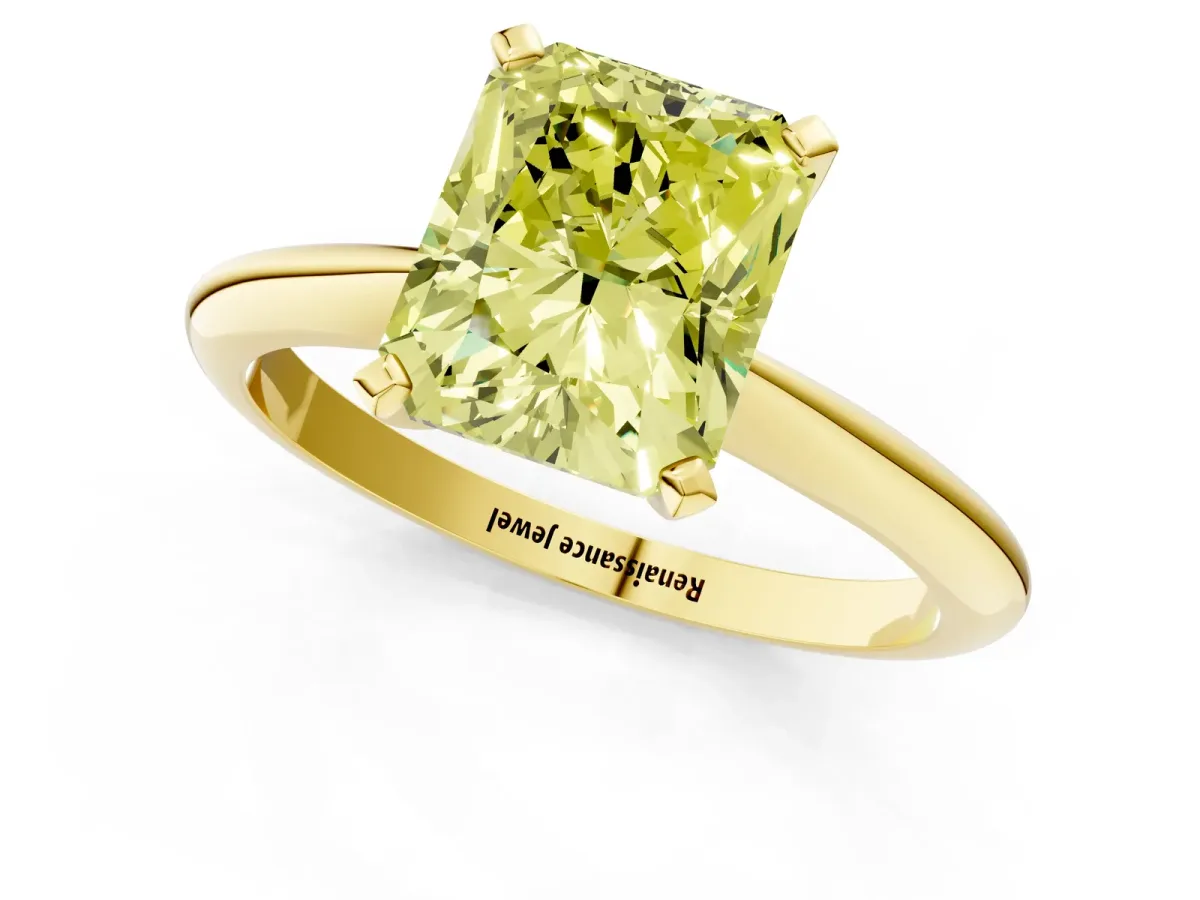 Fancy Yellow Radiant Cut Diamond Solitaire Engagement Ring with Classic Band and Four-Prong Setting Yellow gold