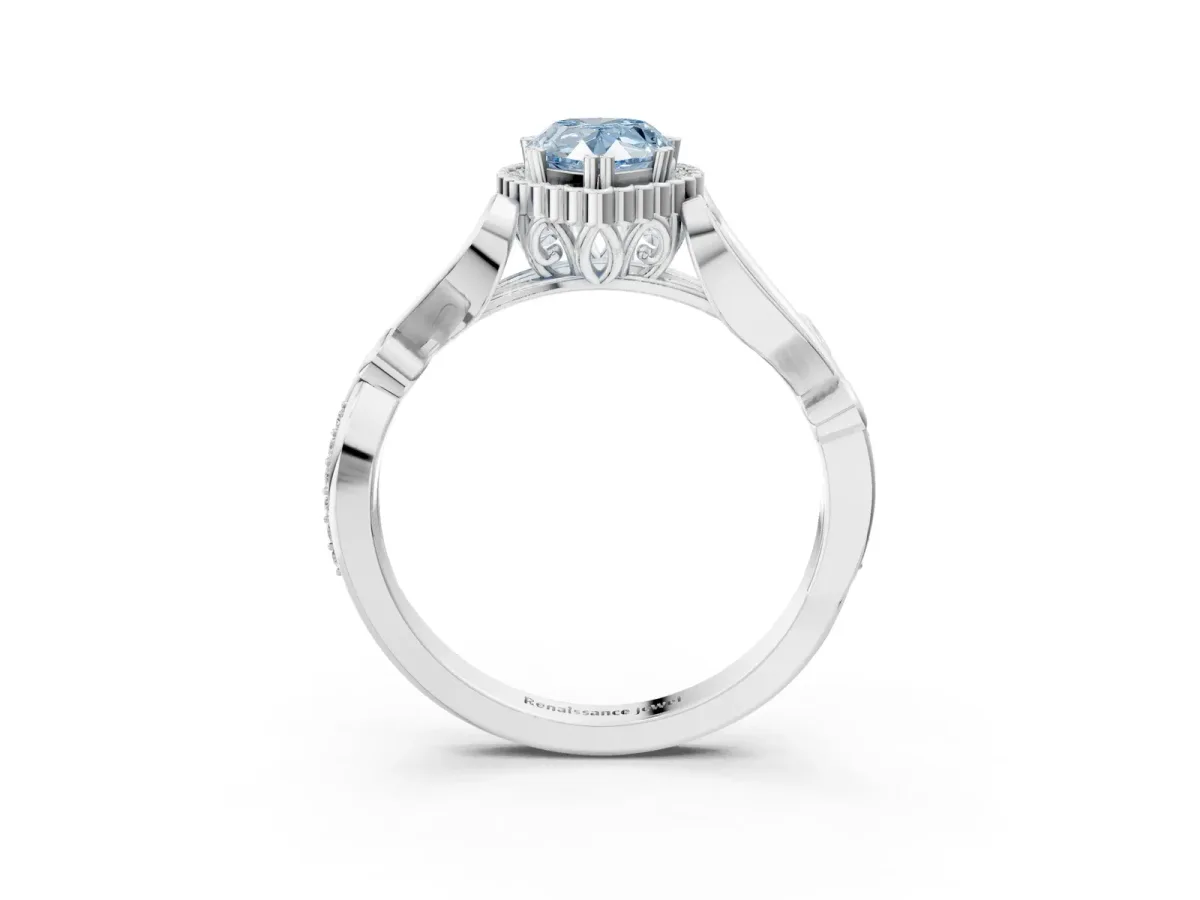 Fancy Blue Pear Cut Diamond Halo Ring with Vintage Split Shank and Four-Prong Setting Platinum