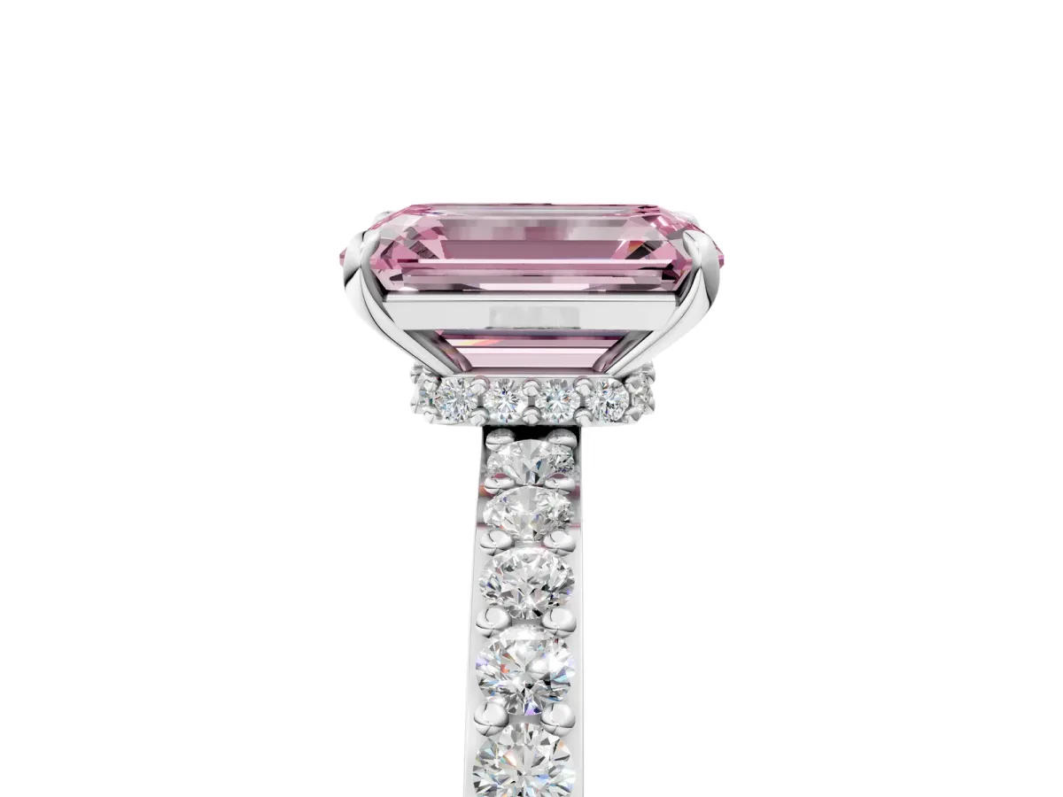 Fancy Pink Emerald Cut Diamond Solitaire Engagement Ring with Pavé Band and Four-Prong Setting Silver