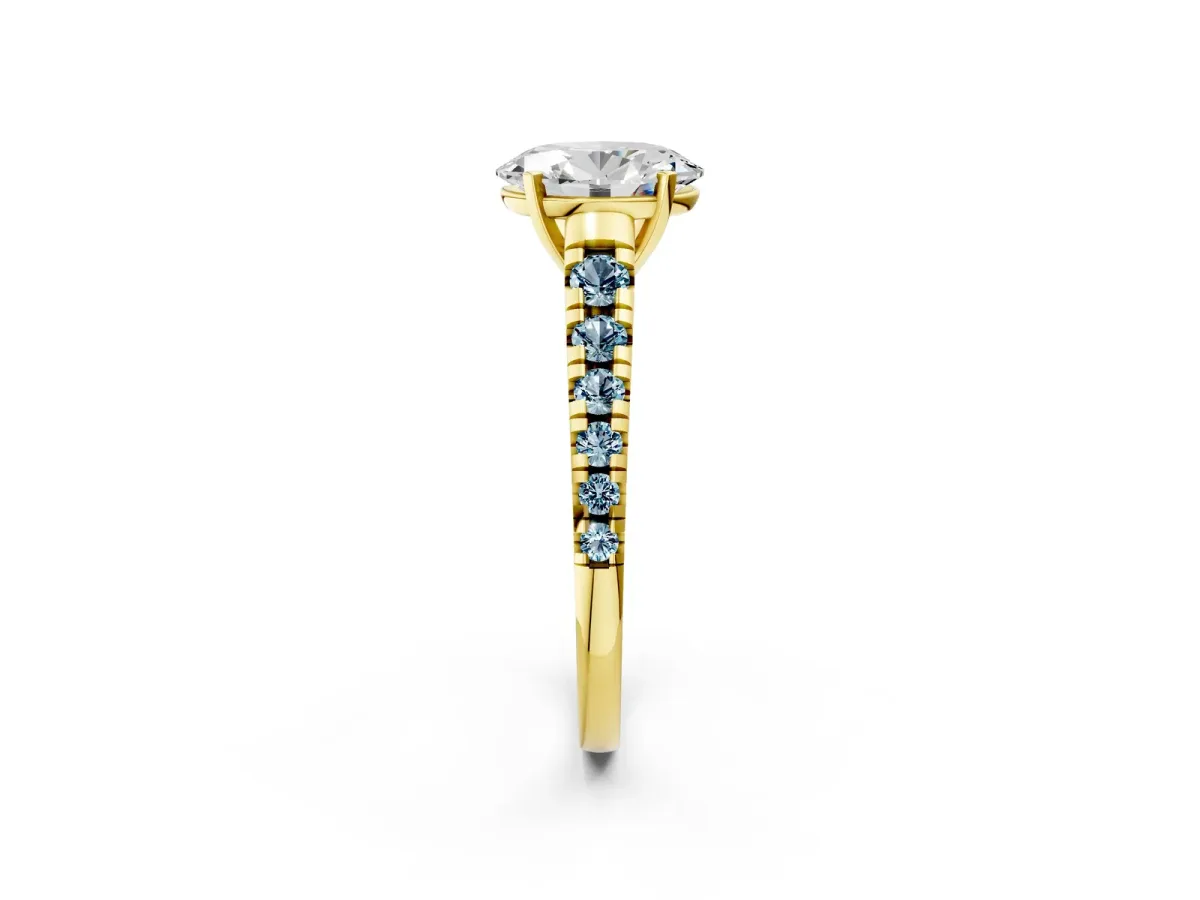 Oval Cut Diamond Cathedral Solitaire Ring with Round Aquamarine Pavé Band Yellow gold