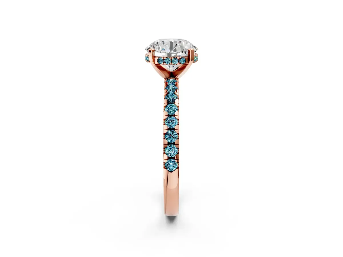 Round Cut Diamond Solitaire Ring with Round Blue Topaz Pavé Band and Four-Prong Setting Rose gold