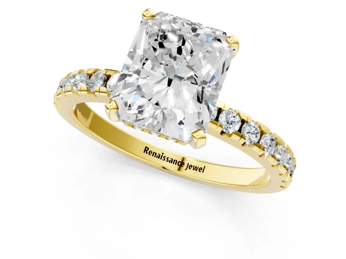 Radiant Cut Diamond Solitaire Ring with Round Pavé Band and Four-Prong Setting Yellow gold
