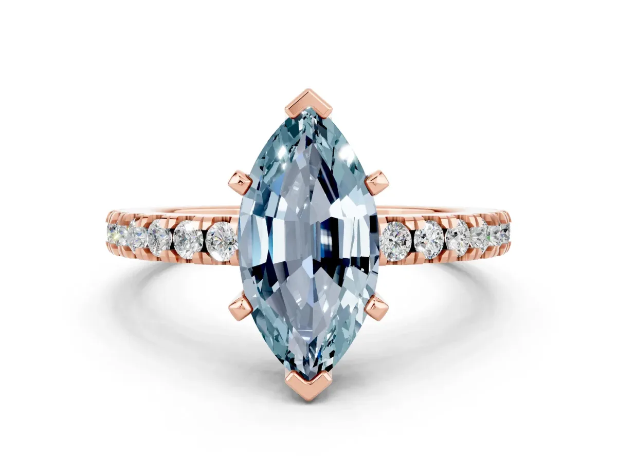 Marquise Cut Solitaire Aquamarine with Pavé Band and Four-Prong Setting Rose gold