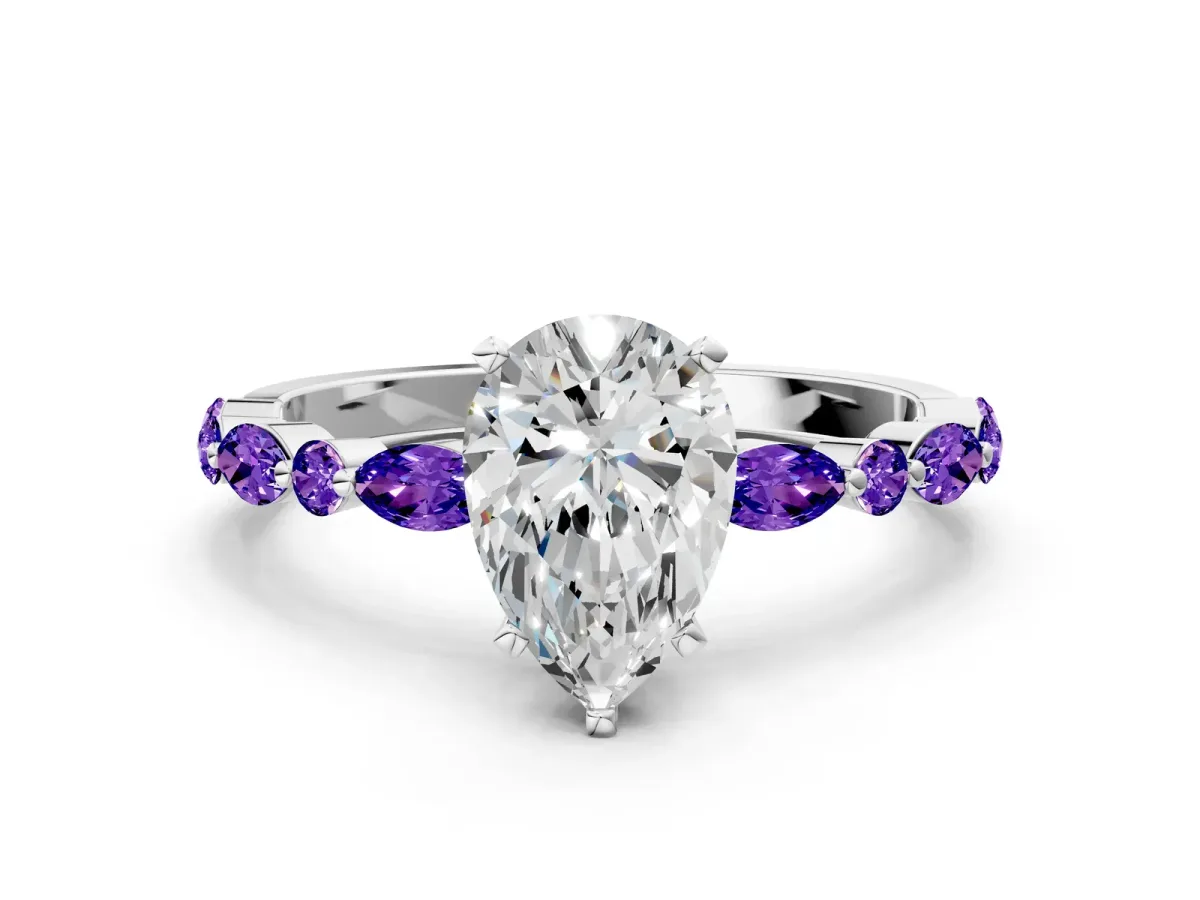 Pear Cut Diamond Ring with Marquise and Round Tanzanite Side Stones and Four-Prong Setting White gold