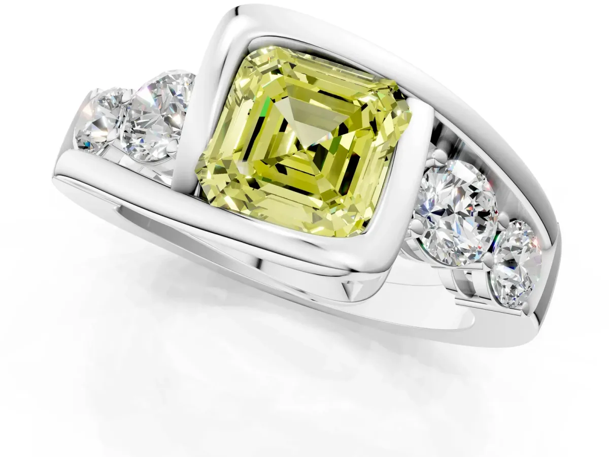 Fancy Yellow Bezel Set Asscher Cut Diamond Bypass Ring with Round Accents Silver