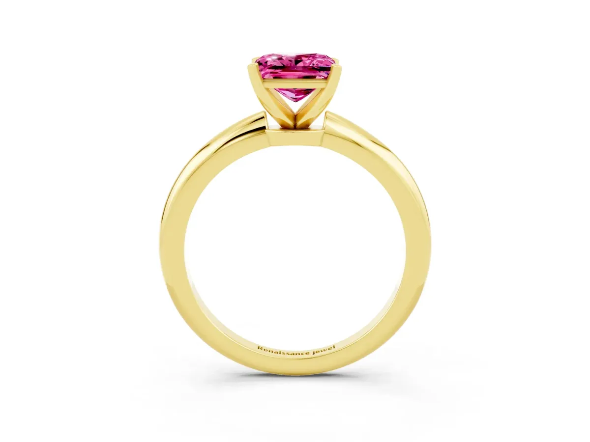 Princess Cut Pink Sapphire Solitaire Ring with Six-Prong Setting and Classic Band Yellow gold
