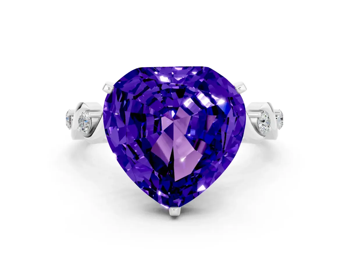 Heart Cut Tanzanite Solitaire Twisted Band with Round Accents and Prong Setting White gold