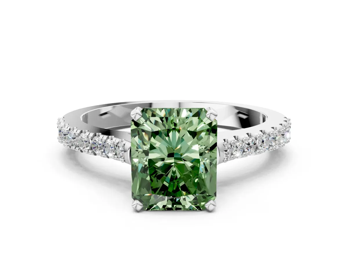 Fancy Green Radiant Cut Cut Solitaire Diamond Engagement Ring with Pave Band and Four-Prong Setting White gold