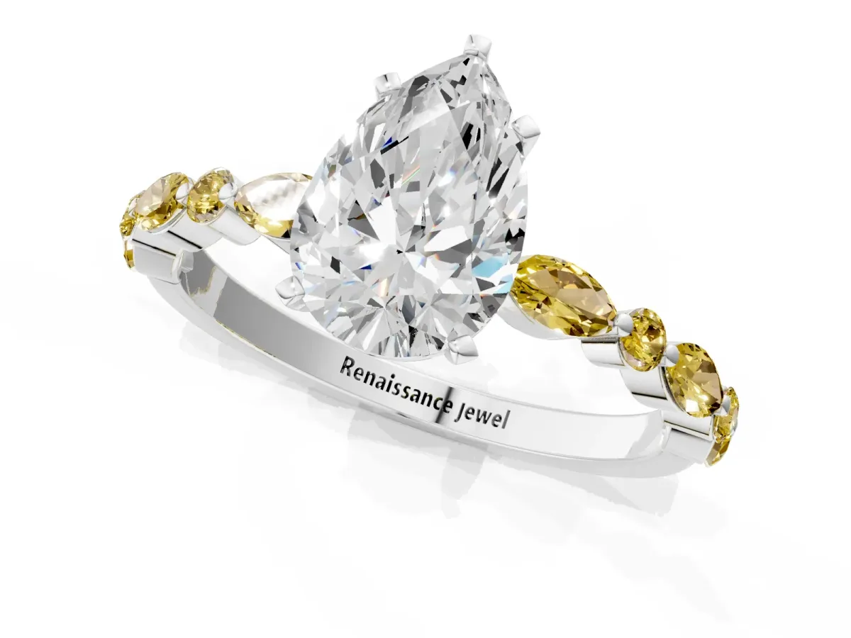 Pear Cut Diamond Ring with Marquise and Round Yellow Sapphire Side Stones and Four-Prong Setting White gold
