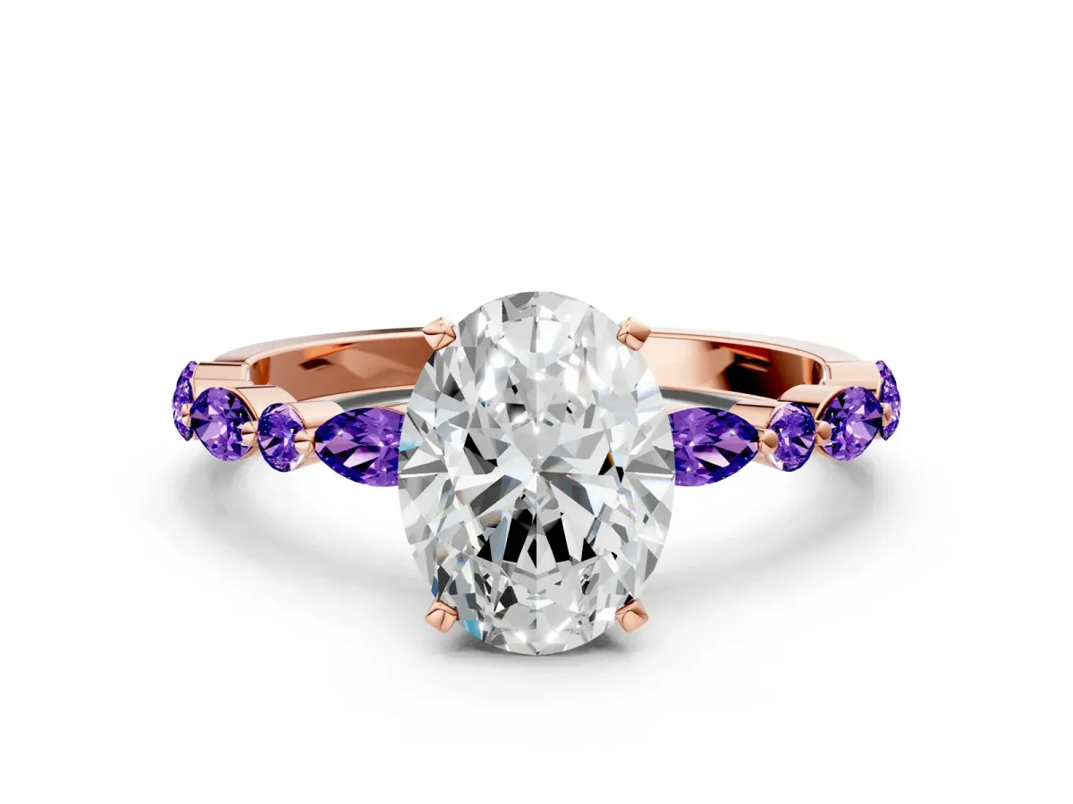 Oval Cut Diamond Ring with Marquise and Round Tanzanite Side Stones and Four-Prong Setting Rose gold
