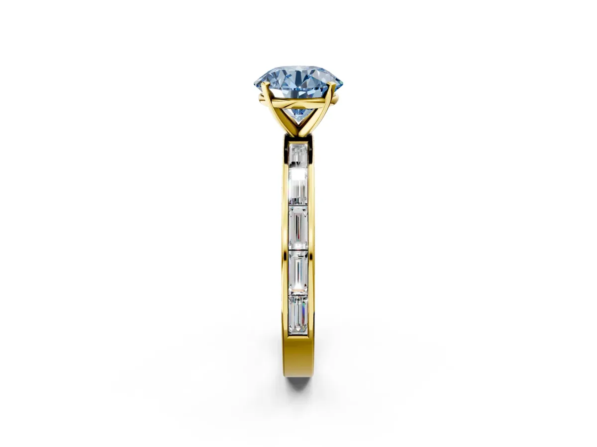 Fancy Blue Round Cut Solitaire Diamond Ring with Channel-Set Baguette Band and Four-Prong Setting Yellow gold