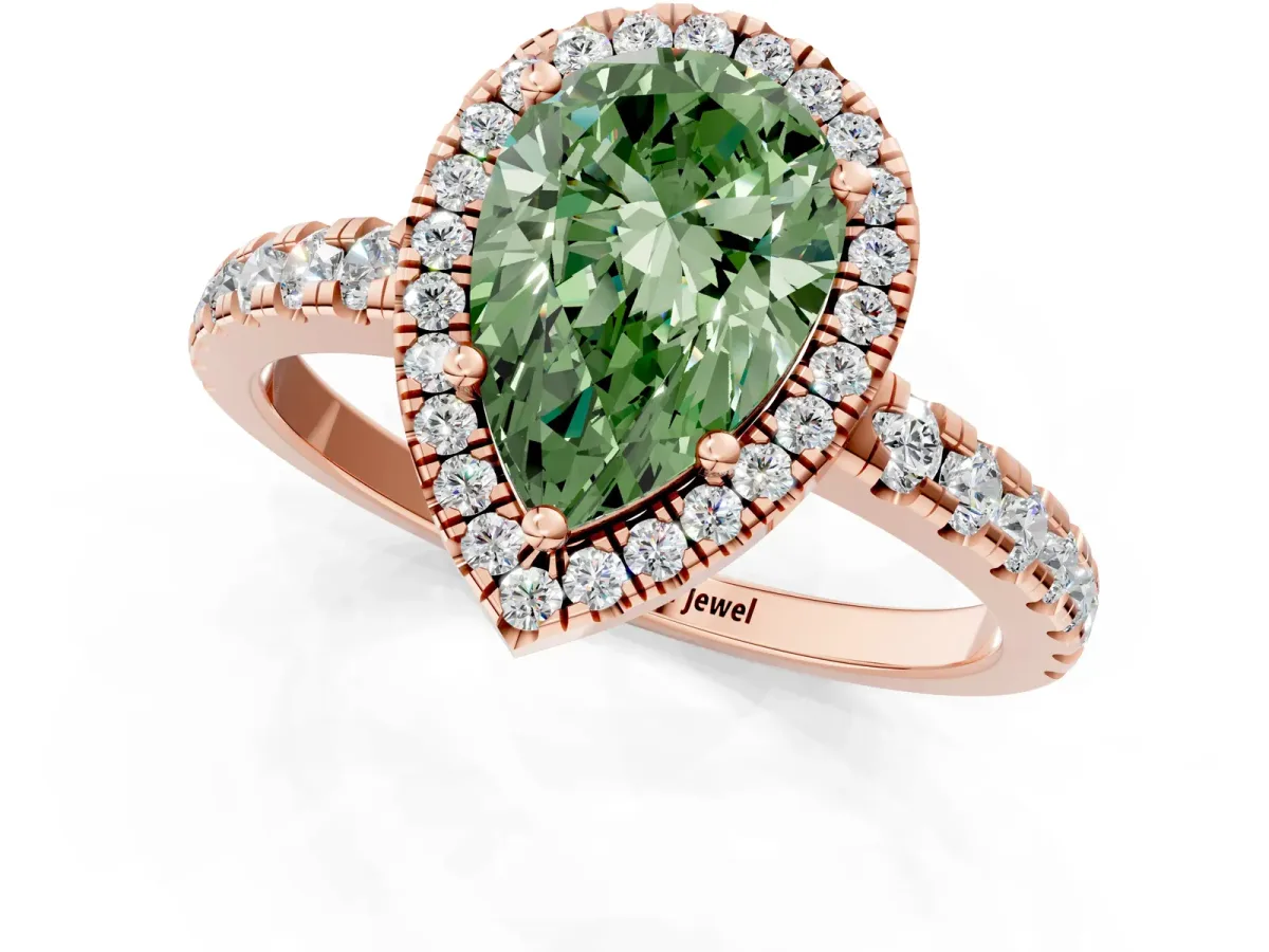 Fancy Green Pear Cut Diamond Halo Ring with Pavé Band and Four-Prong Setting Rose gold