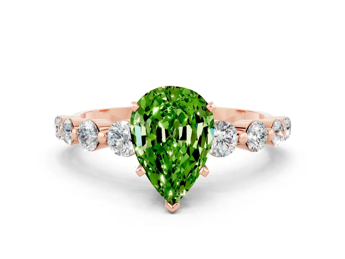 Pear Cut Solitaire Peridot Ring with Pave Band and Four-Prong Setting Rose gold