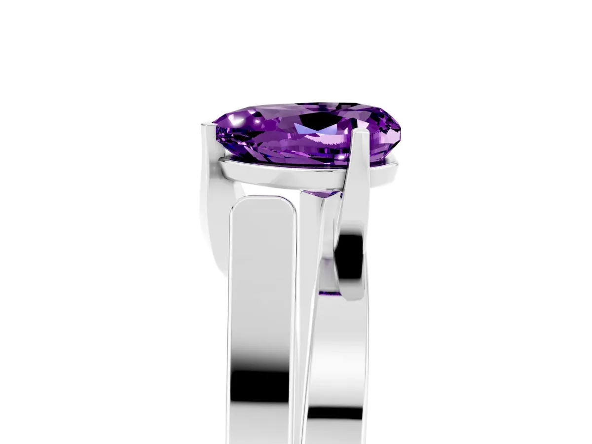 Modern Tension Set Heart Cut Amethyst Solitaire Wide Band Ring Silver