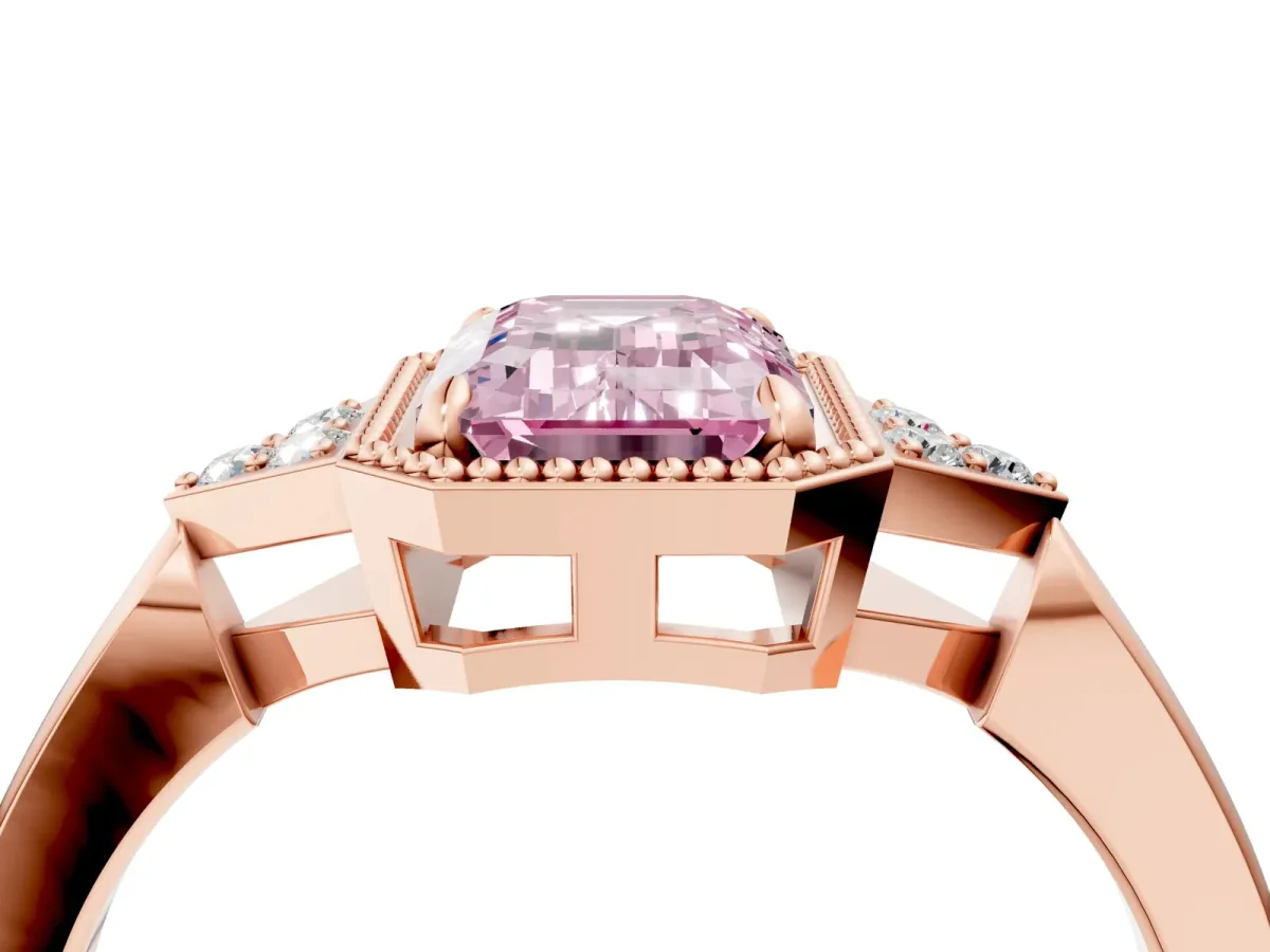 Fancy Pink Emerald Cut Diamond Halo Ring with Tapered Band and Four-Prong Setting Rose gold