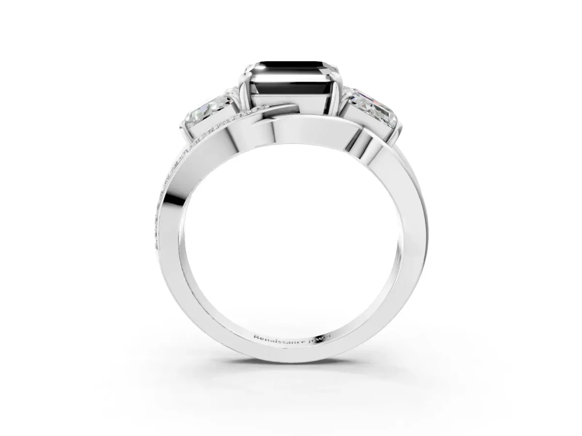 Fancy Black Three-Stone Asscher Cut Cut Diamond Split Shank Prong Set Ring Platinum