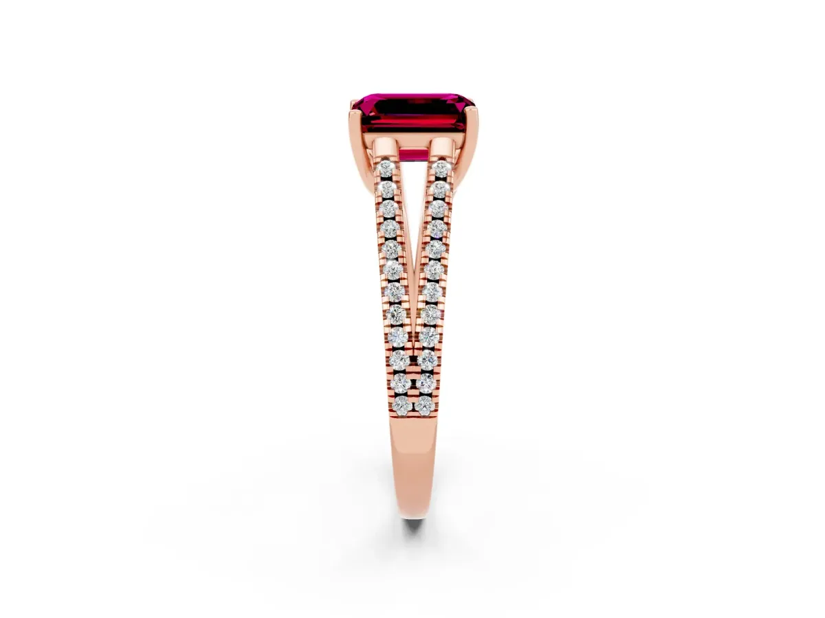 Emerald Cut Garnet Solitaire Engagement Ring with Split Shank Pavé Band Rose gold