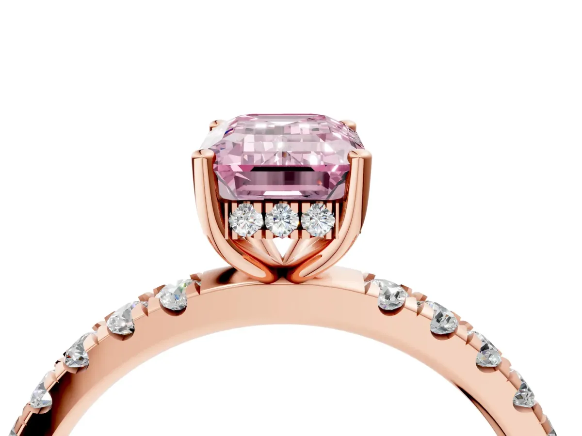 Fancy Pink Emerald Cut Diamond Pave Band Solitaire Ring with Round and Prong Setting Rose gold
