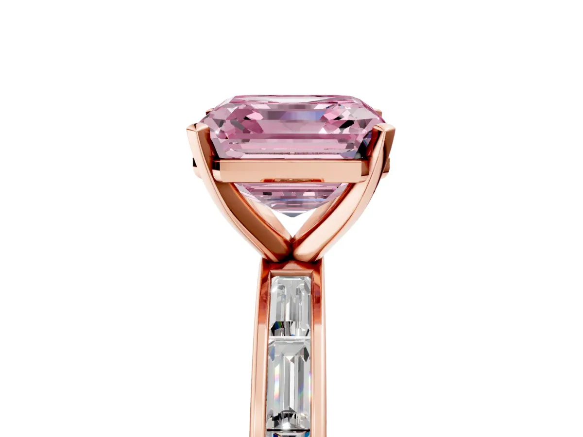 Fancy Pink Asscher Cut Solitaire Diamond Ring with Channel-Set Baguette Band and Four-Prong Setting Rose gold