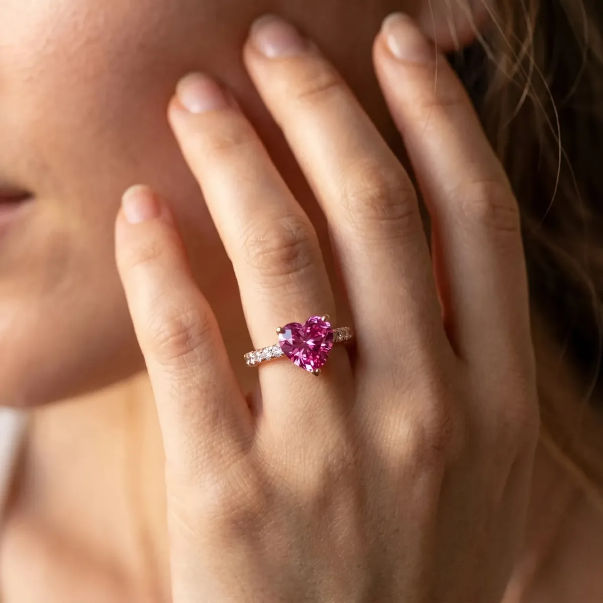 Heart Cut Pink Sapphire Solitaire Ring with Round Pavé Band and Four-Prong Setting Rose gold