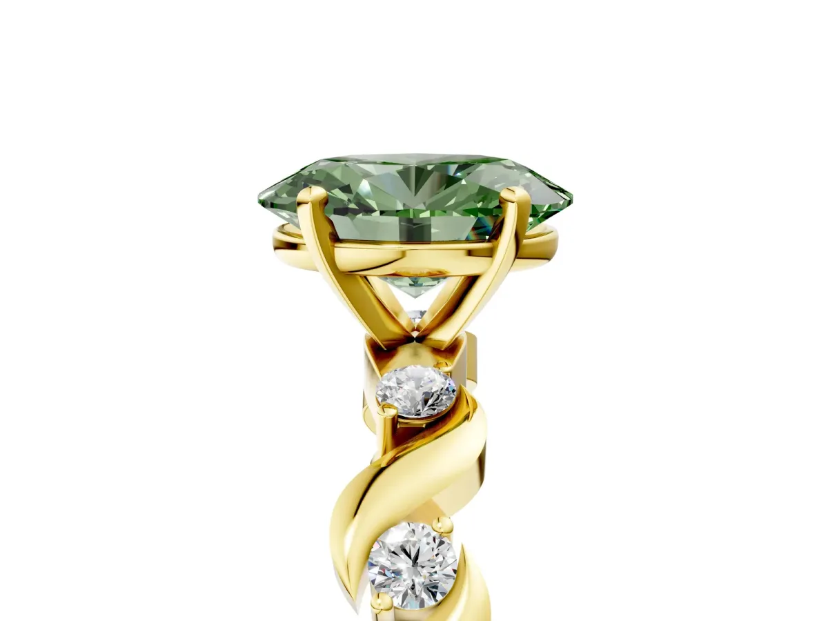 Fancy Green Oval Cut Diamond Solitaire Twisted Band with Round Accents and Prong Setting Yellow gold