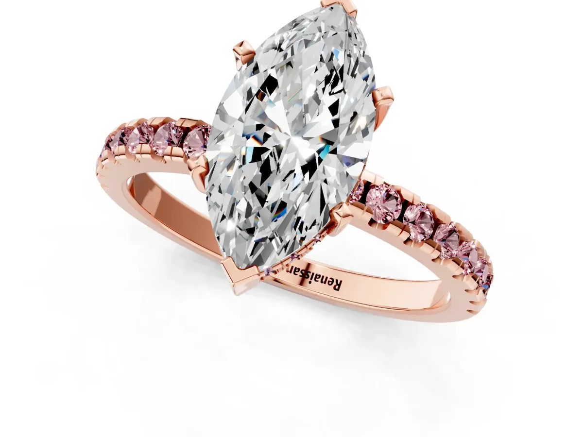 Marquise Cut Diamond Solitaire Ring with Round Morganite Pavé Band and Four-Prong Setting Rose gold