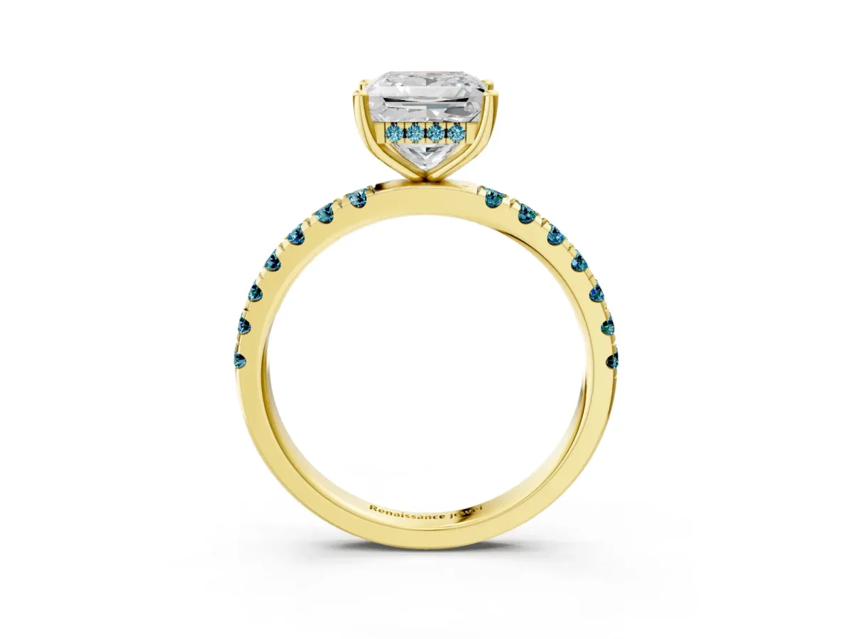 Princess Cut Diamond Pave Band Solitaire Ring with Round Blue Topaz and Prong Setting Yellow gold