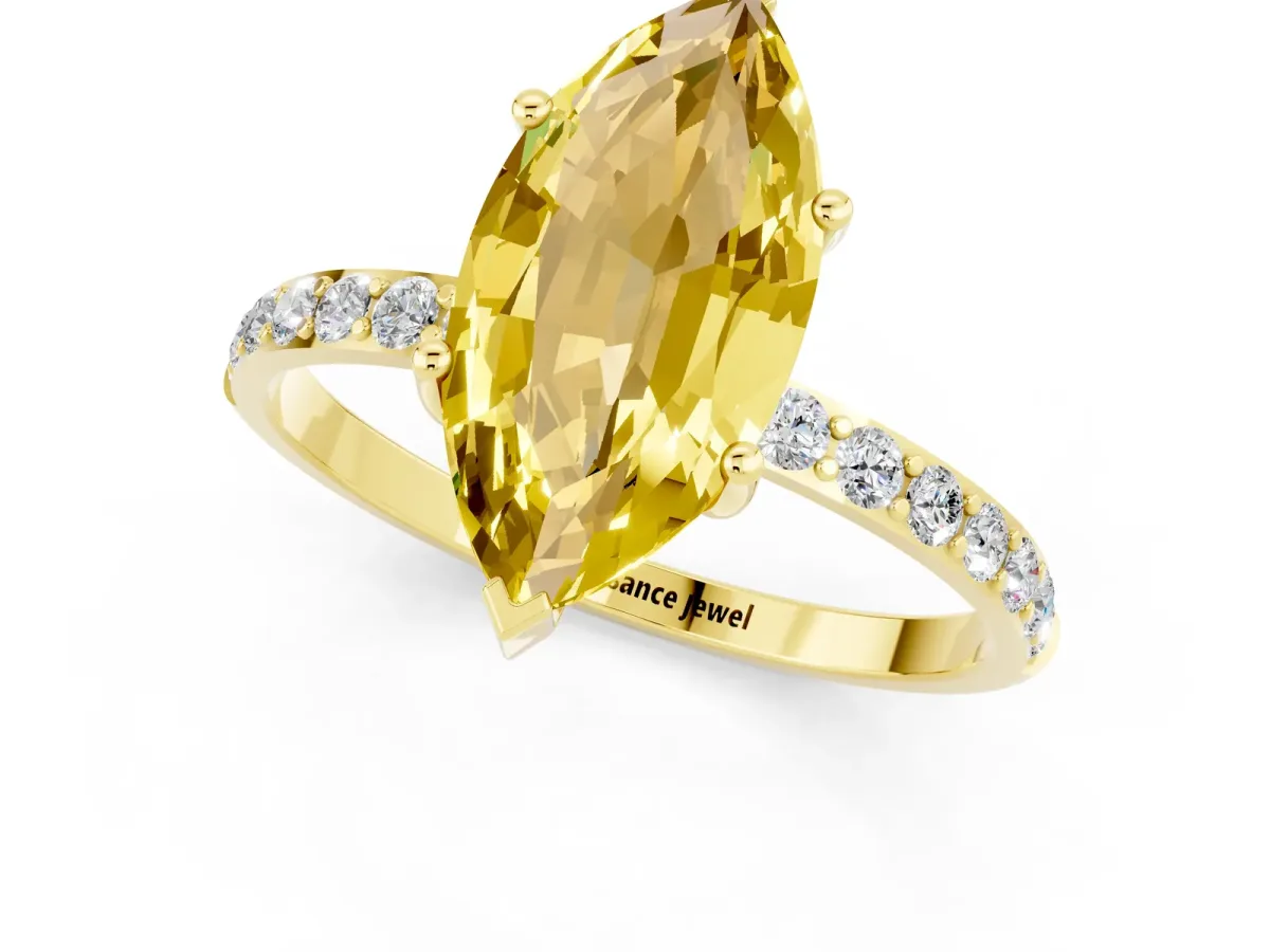 Marquise Cut Yellow Sapphire Solitaire Ring with Round Pavé Band and Prong Setting Yellow gold