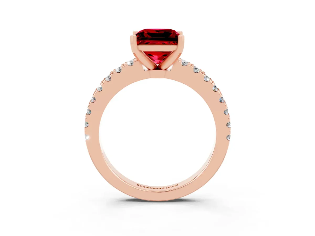 Princess Cut Solitaire Ruby with Pavé Band and Four-Prong Setting Rose gold