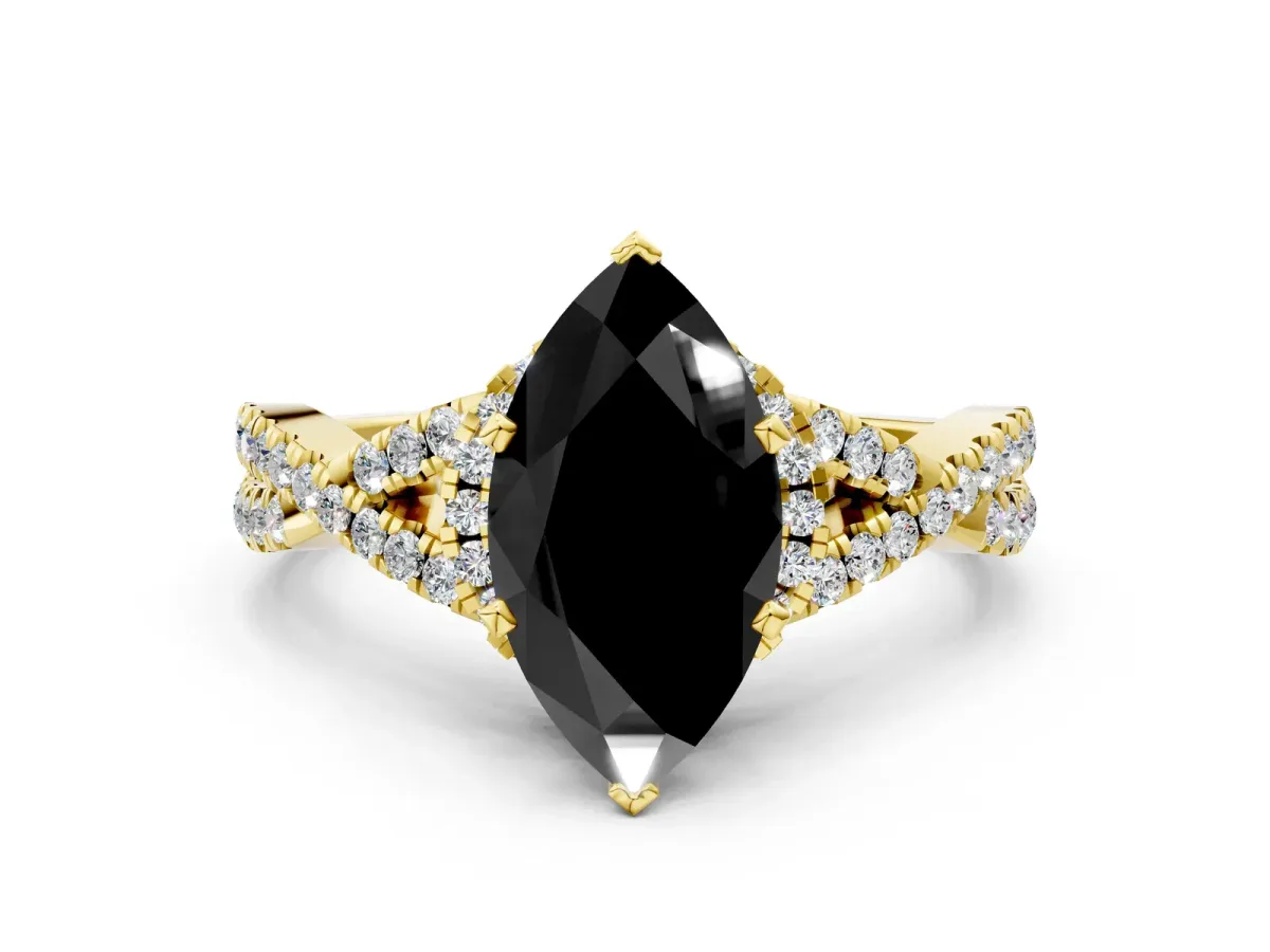 Fancy Black Marquise Cut Diamond Halo Twist Band Solitaire Prong Setting Ring Yellow gold