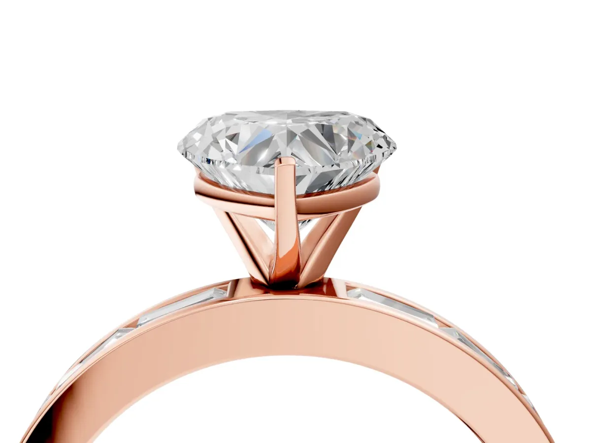 Heart Cut Solitaire Diamond Ring with Channel-Set Baguette Band and Four-Prong Setting Rose gold
